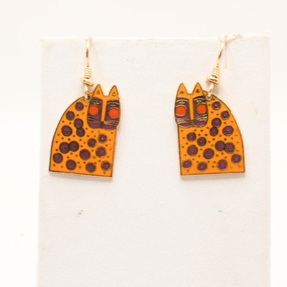 Vintage Laurel Burch Yellow Cat Earrings Enamel Gold Tone Signed